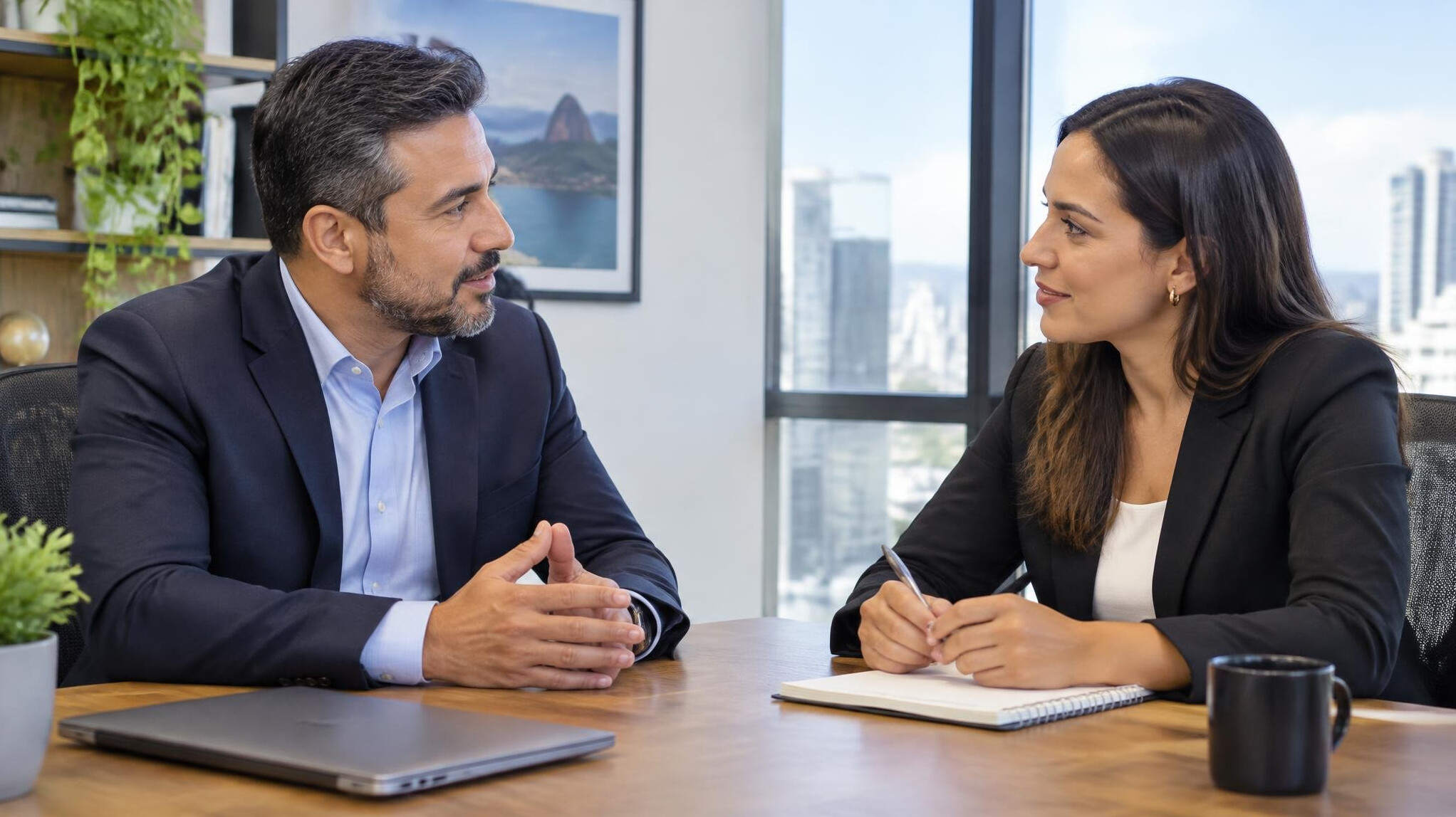 Two Brazilian professionals having a mentoring conversation in an office