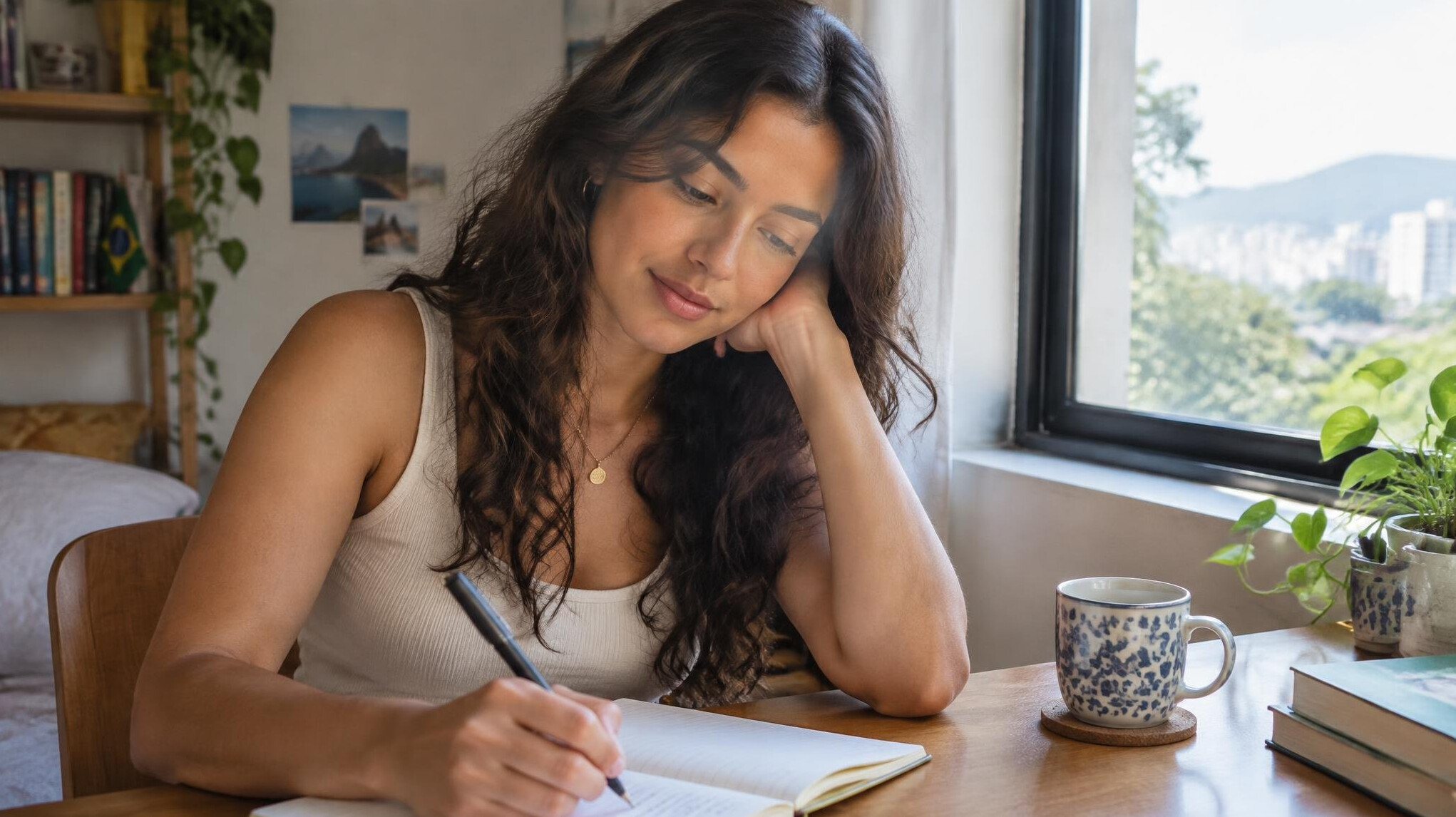 Young Brazilian woman writing in a journal at a sunlit desk