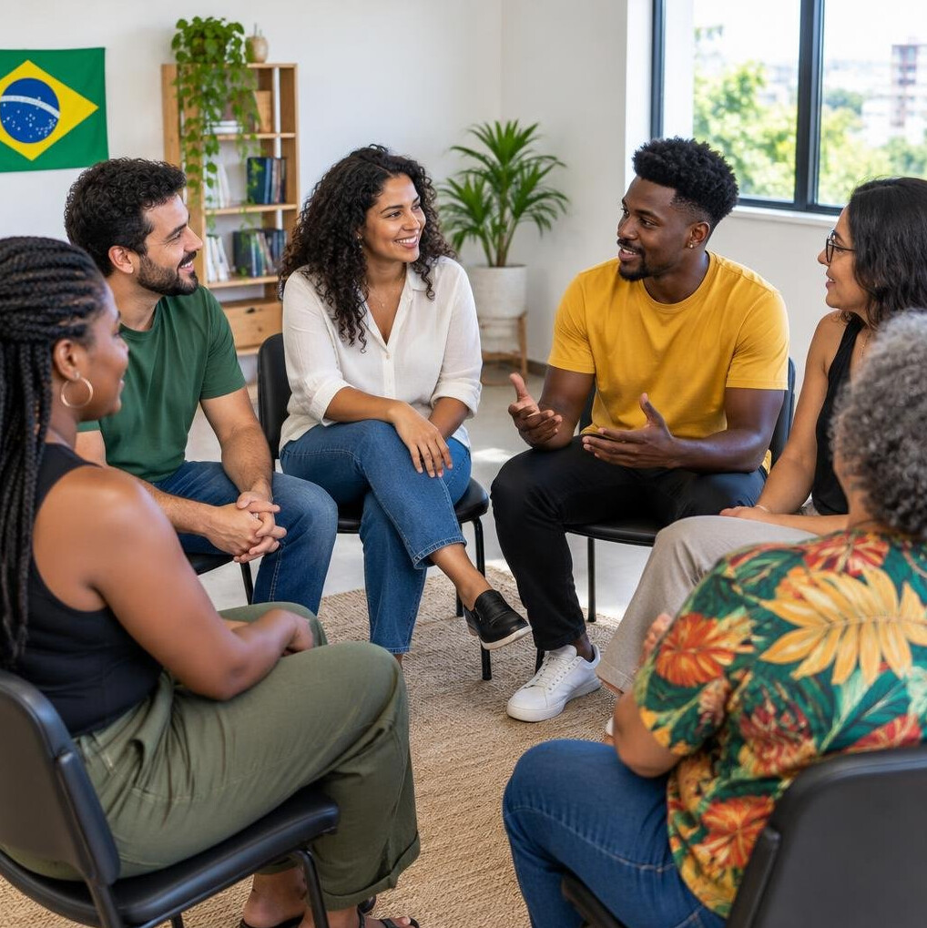 Group of Brazilian people sitting in a discussion circle