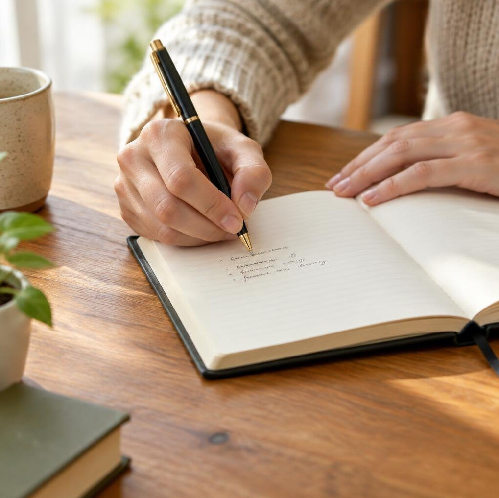 Close-up of hands writing notes in a notebook